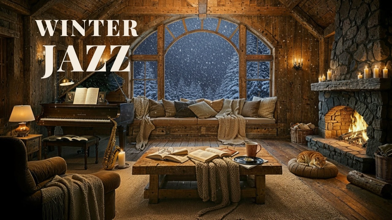 Snowstorm Winter Jazz ❄️ Fireplace Study Ambience for Deep Focus
