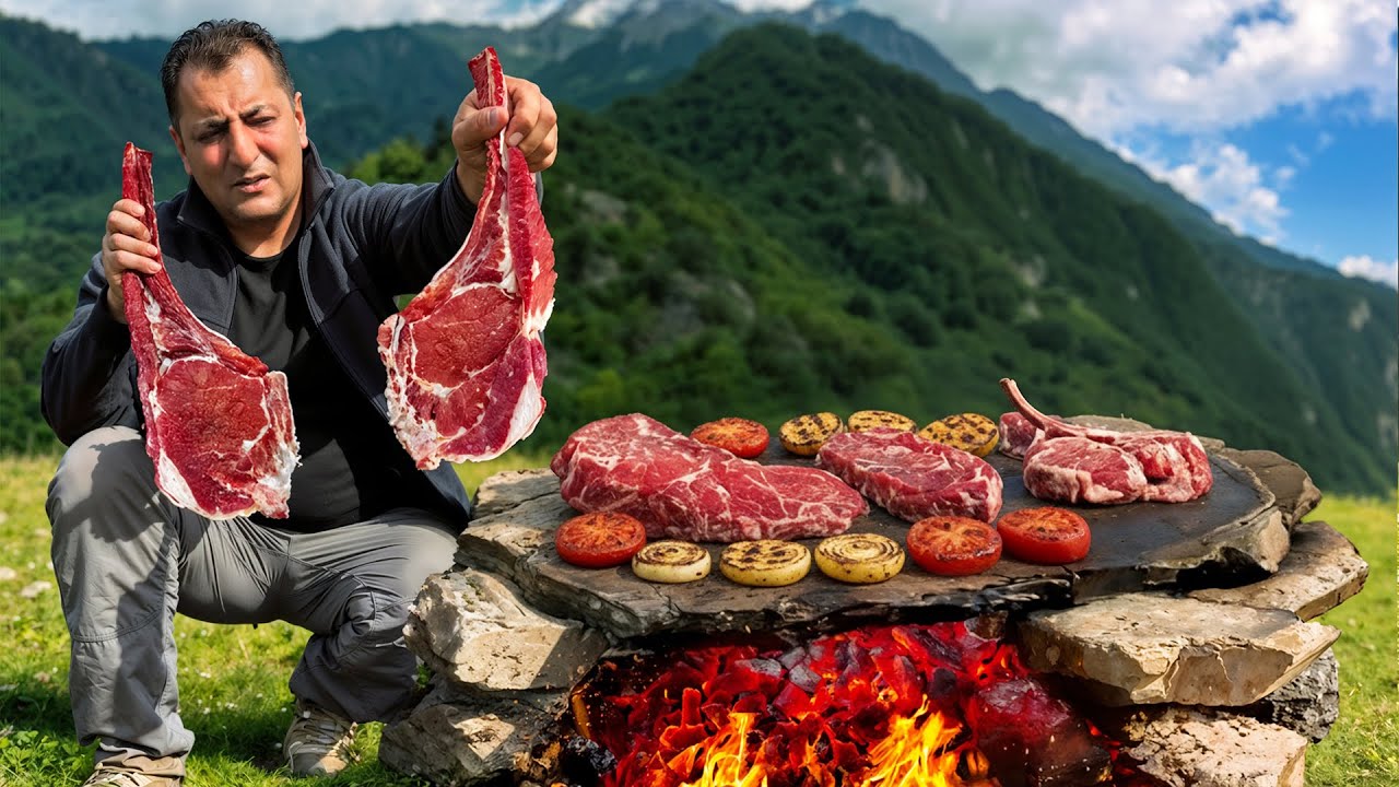 🥩🔥 산에서 즐기는 야외 요리: 뜨거운 돌판에 굽는 완벽한 소고기!
