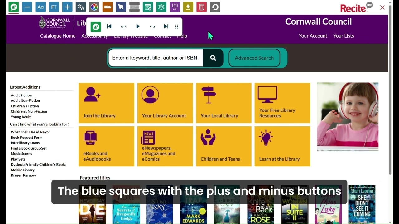 How to use Recite Me on the Cornwall Libraries catalogue.