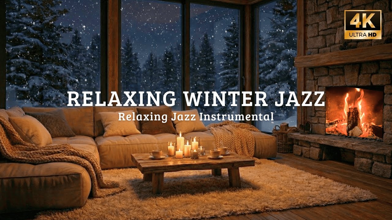 🔴 Warm Fireplace & Soft Jazz ☕ Cozy Winter Cabin Ambience to Relax, Read & Unwind