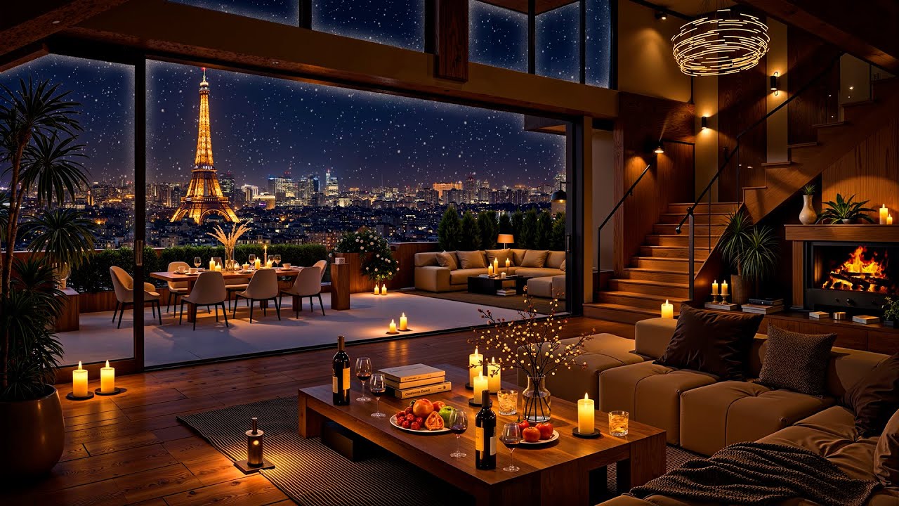 Romantic Paris Winter Night ❄ Luxury Apartment Ambience with Smooth Jazz Saxophone for Sleep & Relax