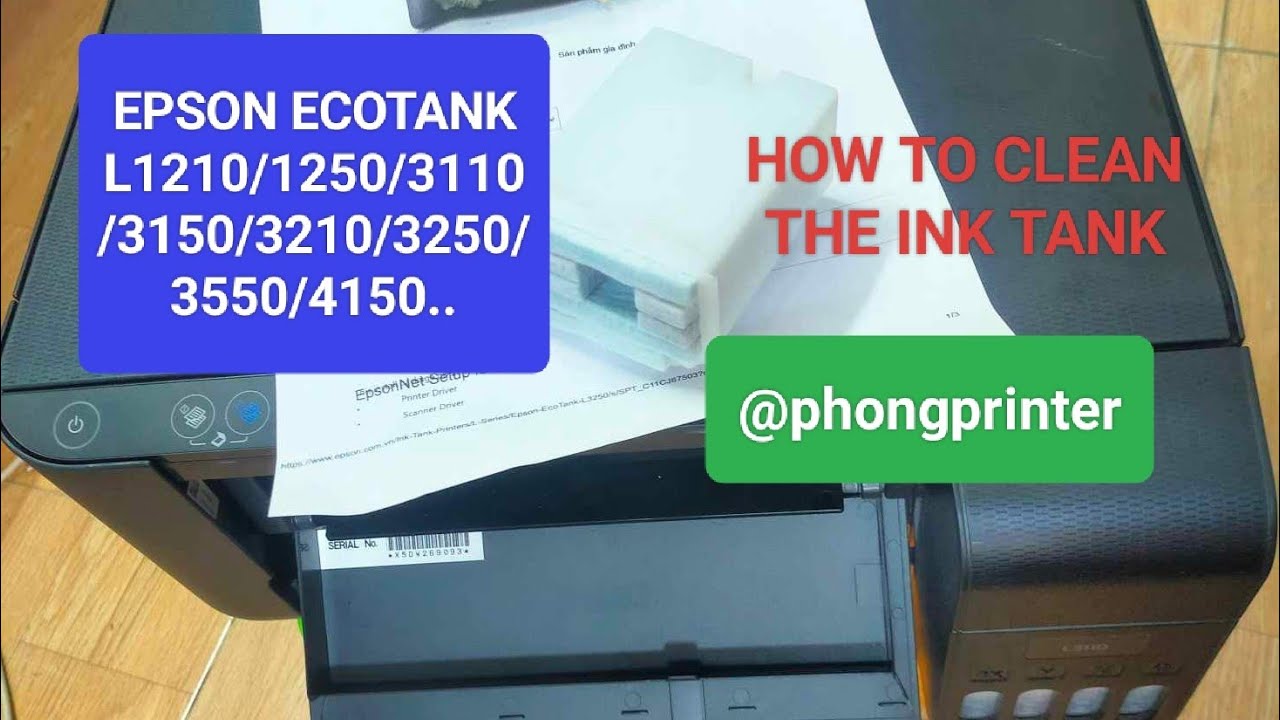 Очистка отсека для отработанных чернил. Обработка смазанных отпечатаEpson EcoTank серии L3110/L3250.