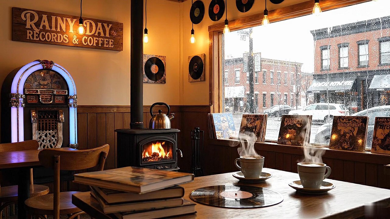Vintage 4K Retro Cafe Jazz Ambience | Crackling Stove & Rainy Snowy Window View