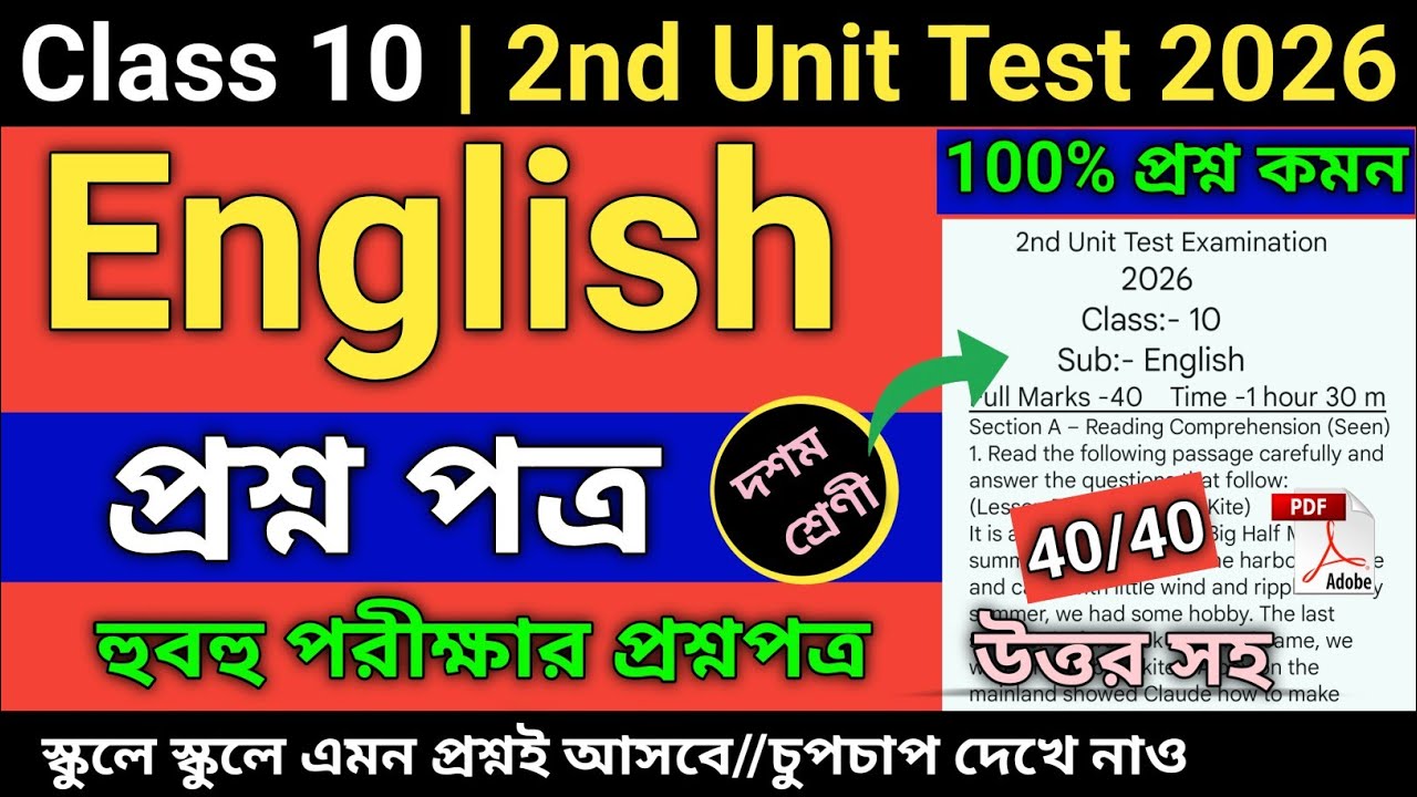 Class 10 English 2nd Unit Test Question Paper 2026 | Class 10 english 2nd unit test suggestion 2026