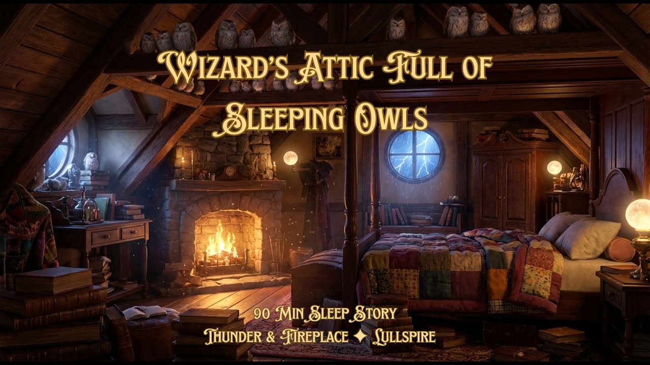 The Wizard’s Attic Full of Sleeping Owls  Thunder & Fireplace  90 Minute Sleep Story ✦ Lullspire