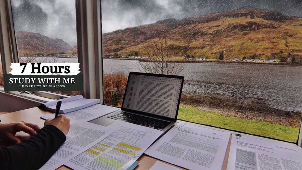 7 HOUR STUDY WITH ME on A RAINY DAY  Background noise, 10 min Break, No music, Study with Merve