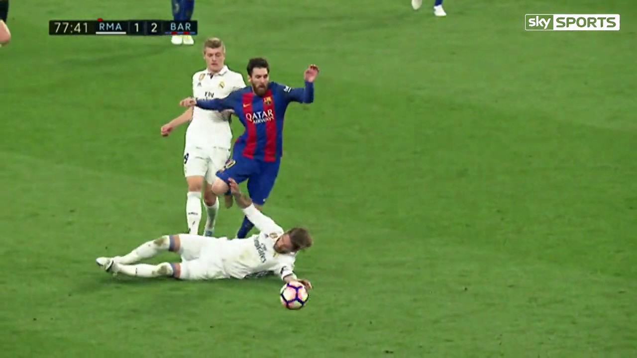 Sergio Ramos was shown a straight red card for this two-footed lunge on Barcelona's Lionel Messi