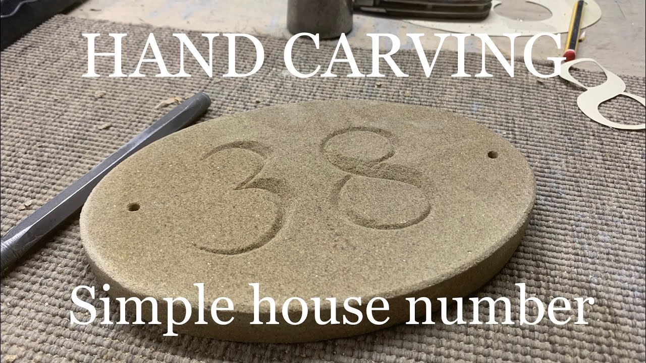 HANDCARVING STONE HOUSE PLAQUE, CARVING A HOUSE NUMBER INTO STONE, CARVING WITH HAMMER AND CHISEL