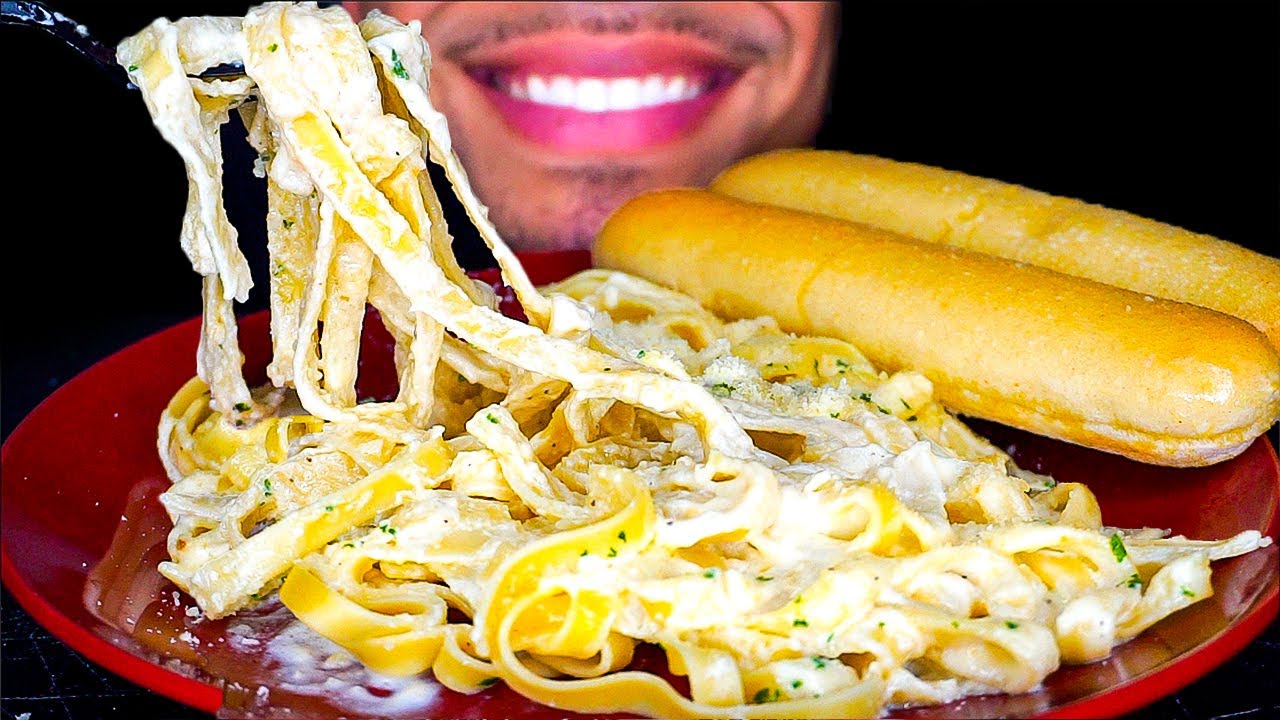 ASMR Olive Garden Creamy Alfredo Shrimp Pasta Mukbang | Sticky Eating Sounds *BIG BITES No Talking*
