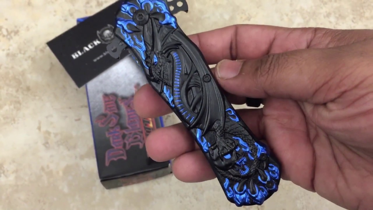 DS-A049BL Dark Side Blades Ballistic Dragon Spring Assisted Knife Black & Blue. BLACK IRON CANADA