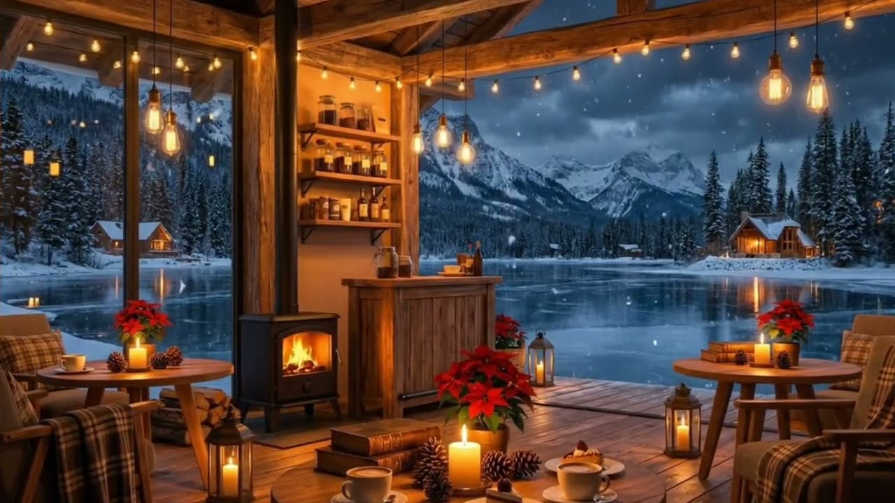 Calm Warm Snowy Winter Instrumental  Jazz Piano & Cozy Coffee Shop with Fireplace Sounds