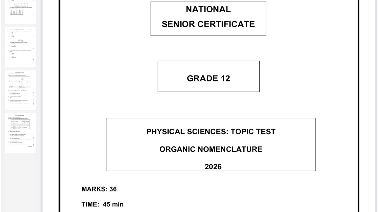 Grade 12 Physical Sciences P2| Topic Test : Organic Nomenclature. 2026