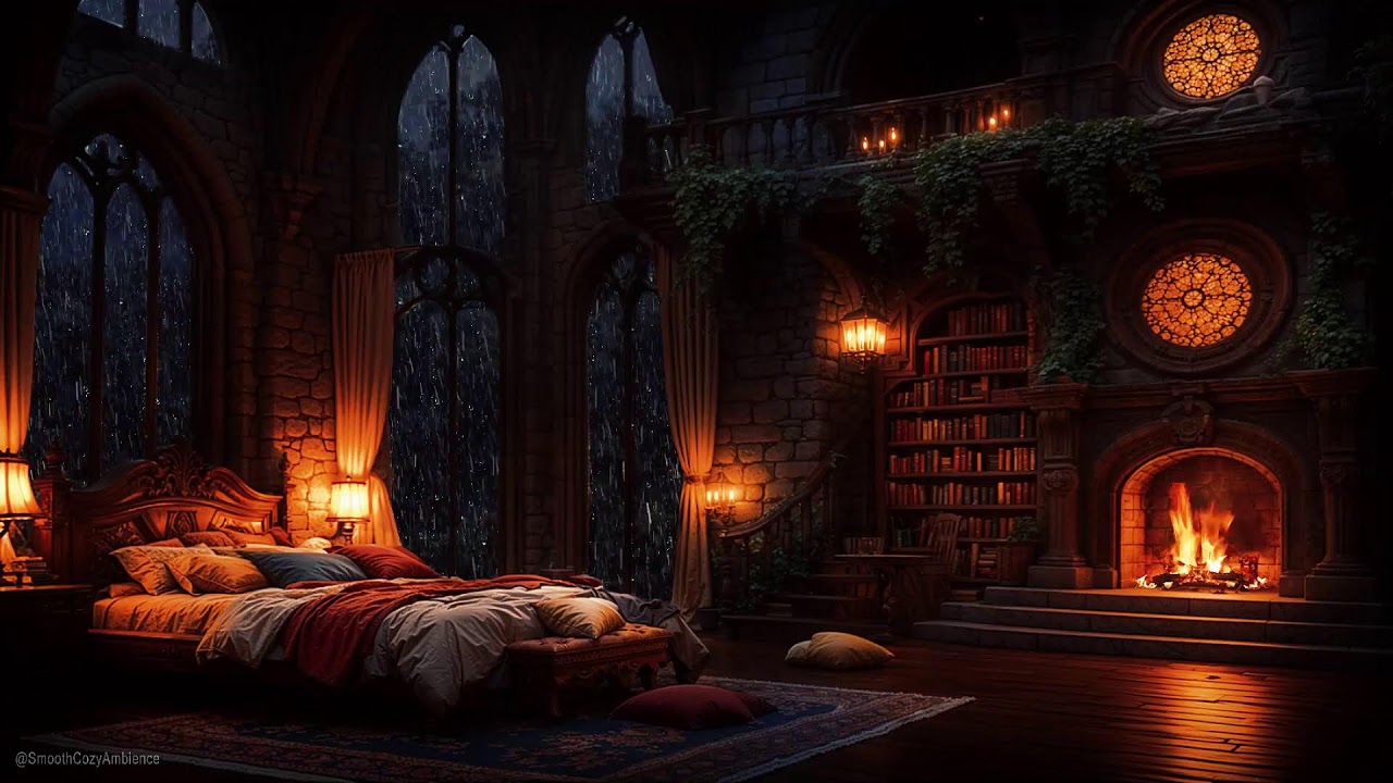 Medieval Castle Fireplace Sounds With Rainy Night Calm