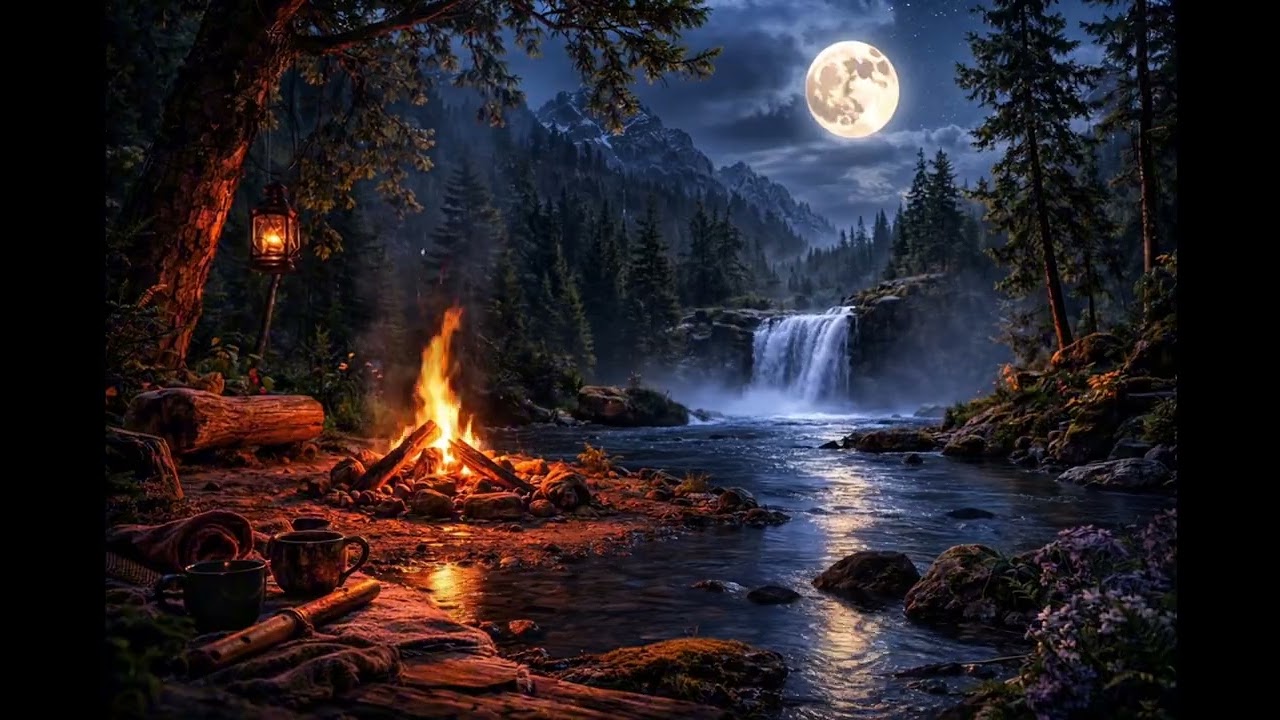 Moonlit Forest Waterfall 🌙 1 Hour Sleep Ambient | Native Flute Night