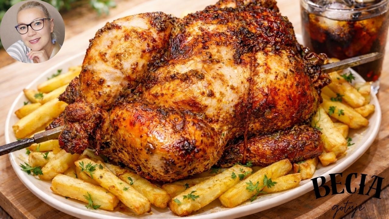Pieczony kurczak z rożna. Pyszny smak, palce lizać.