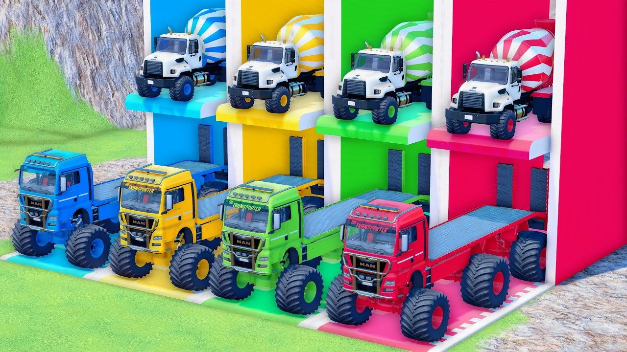 TRANSPORTING ALL COLOR MIXER TRUCK WITH MONSTER FLATBED TRUCK, MERCEDES, MAN, SCANIA, KENWORTH! FS22