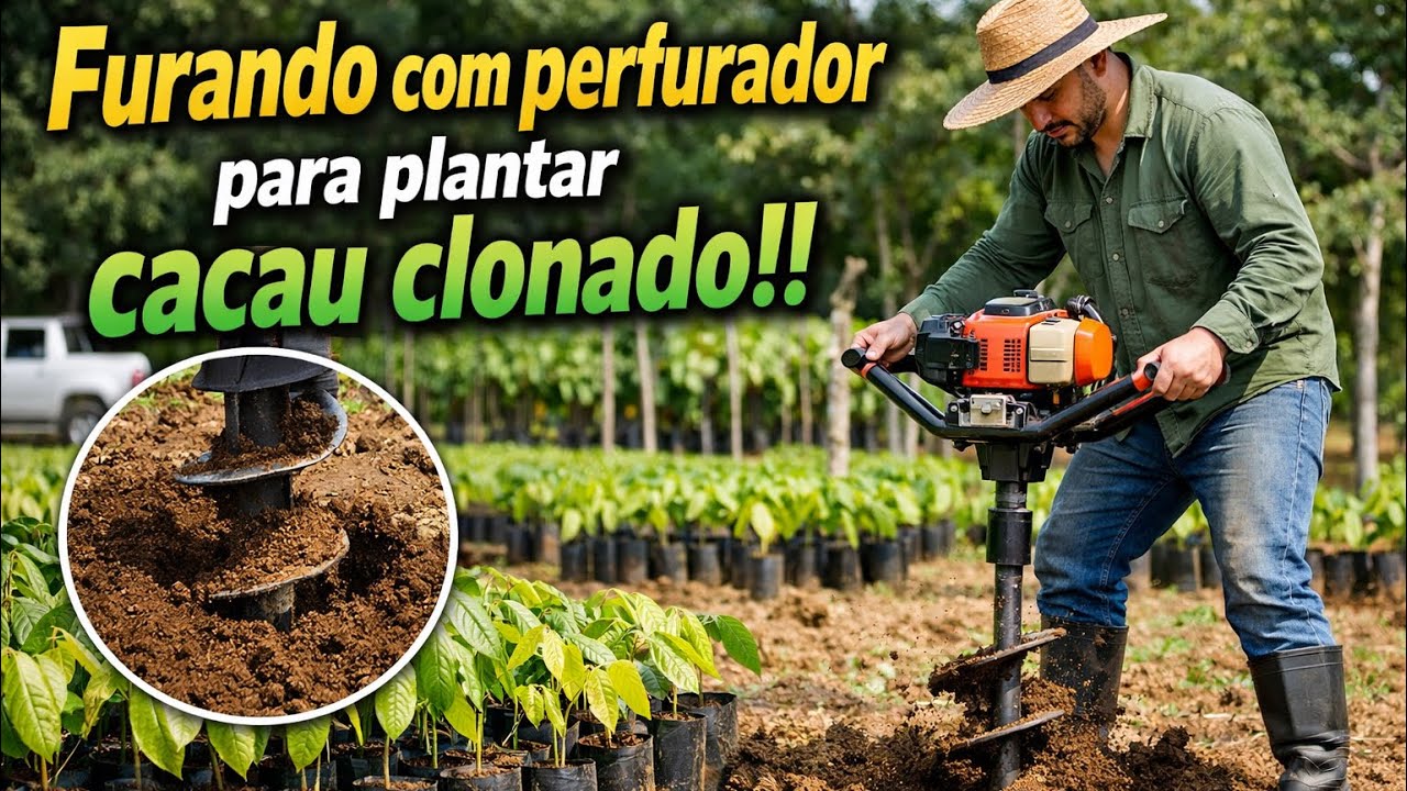 Furando com perfurador para plantar cacau clonado!! 🌱🚜