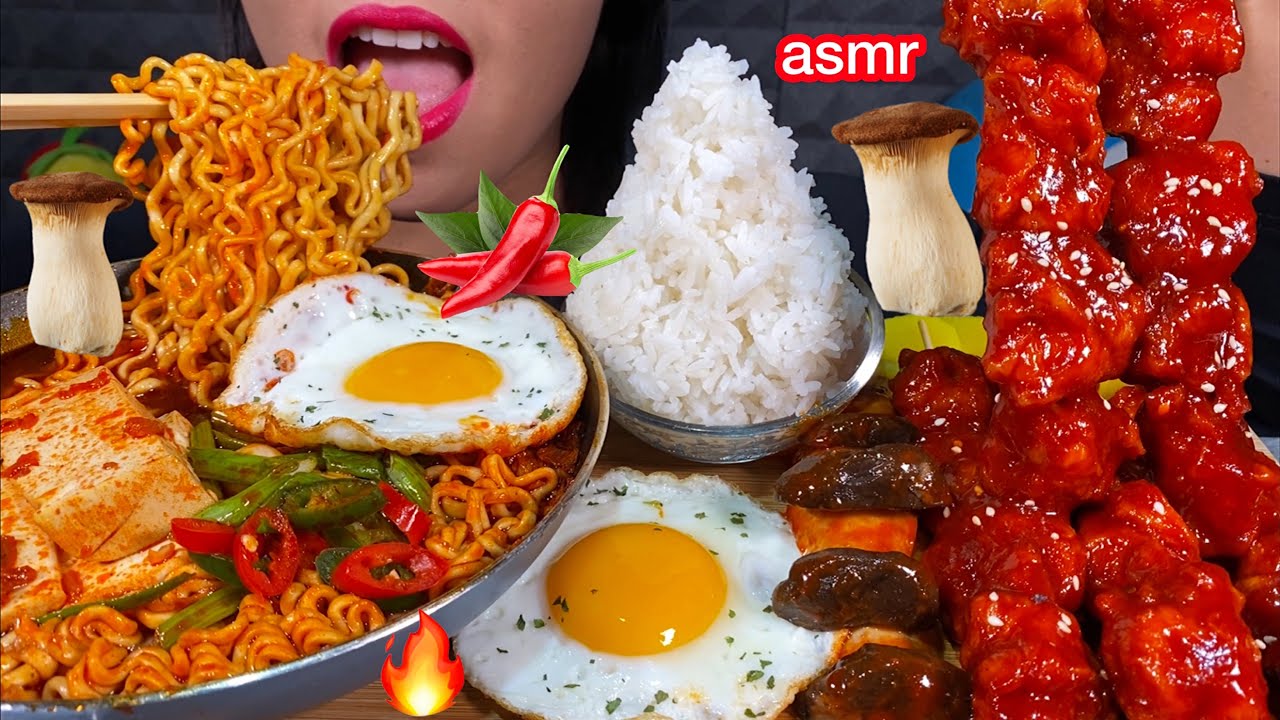 ASMR SOUPY FIRE NOODLES, SPICY FRIED CHICKEN, MUSHROOMS, TOFU PANEER EGGS RICE MASSIVE Eating Sounds