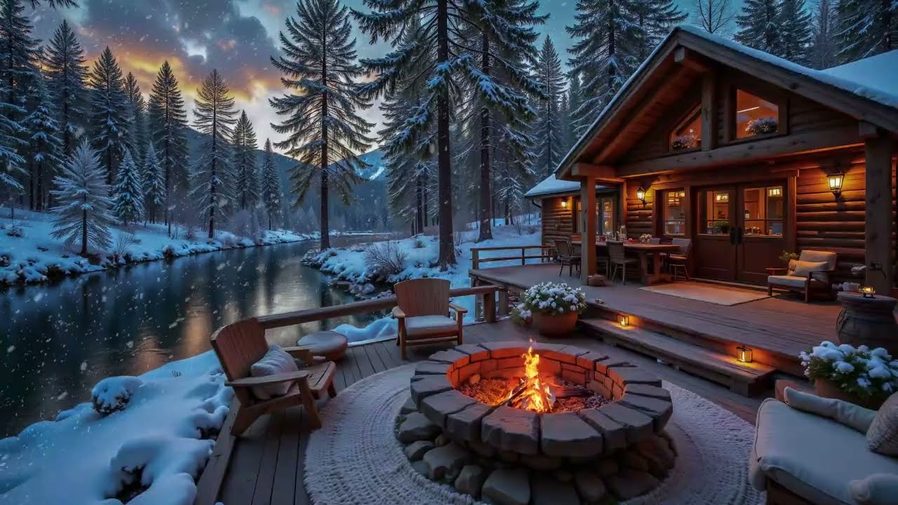 Cozy Winter Retreat: Riverside Fire Pit and Soft Piano❄️ Relaxing Sounds Ambience in a Snow Fall Day