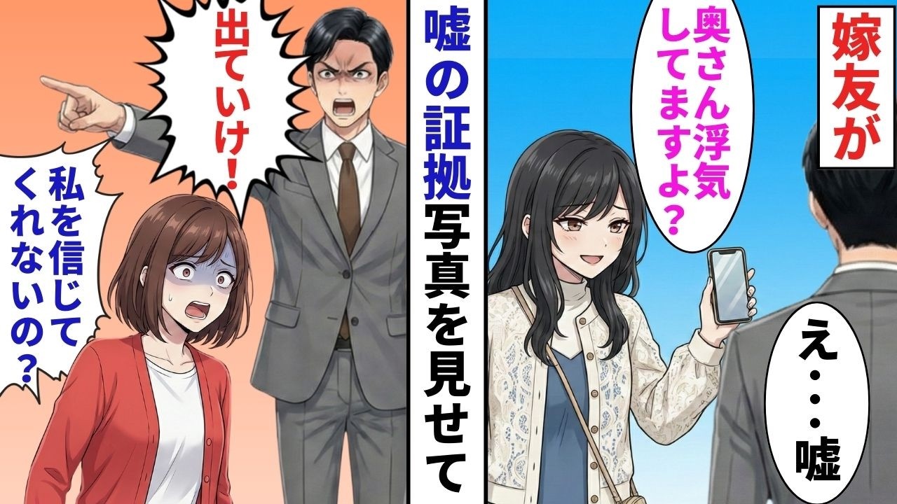 【スカッと】浮気女のレッテルを貼られて離婚。雨の中、夫に家を追い出された私。1年後、親友の嘘が暴かれ、復縁を迫る元夫に私が突きつけた『最悪の結末』とは…【スカッとする話】【漫画】【スカッとAI漫画】
