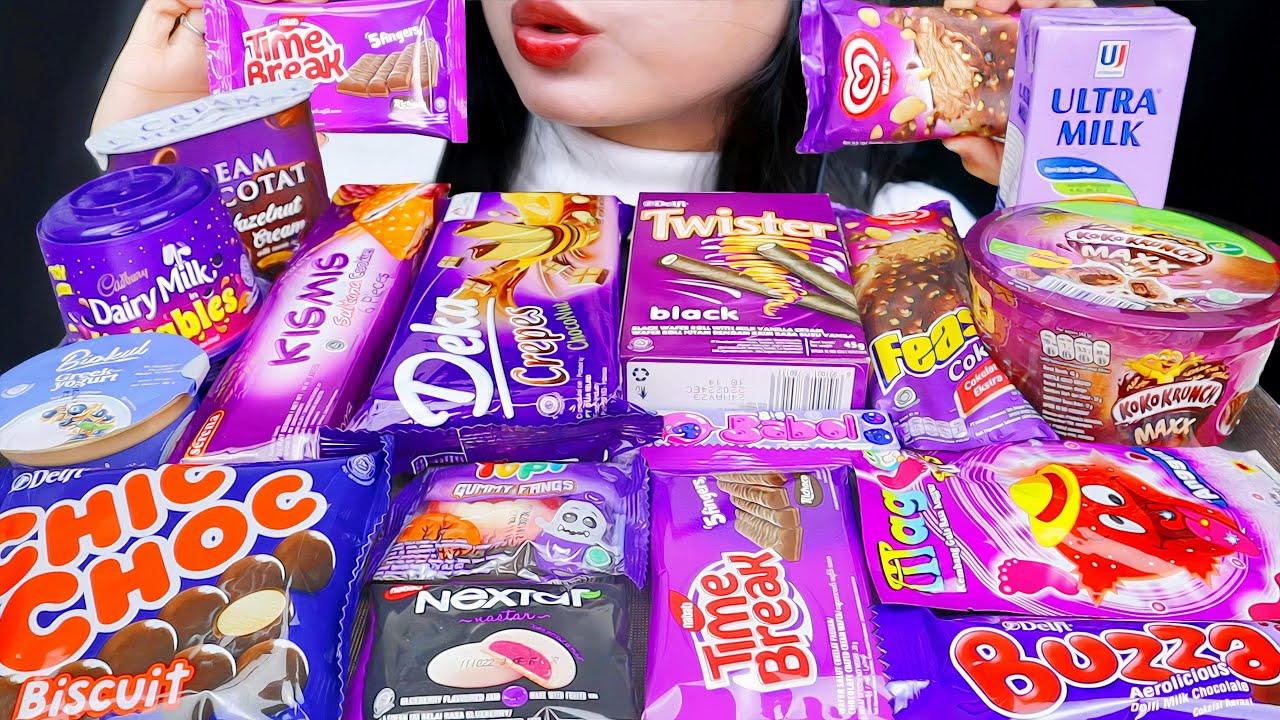 ASMR MUKBANG PURPLE CONVENIENCE STORE FOOD 💜 ULTRAMILK, MAGIC DUST, BUZZA, TIME BREAK, BIG BABOL