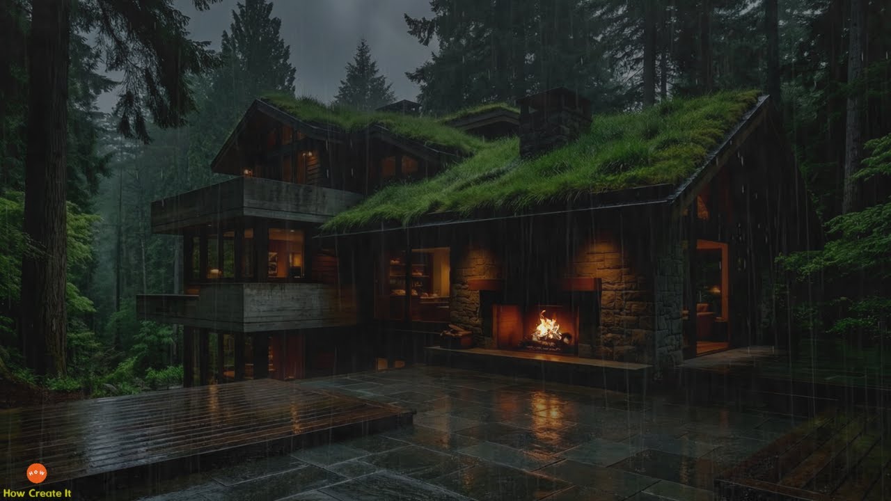 Primal Evening Rain with Fireplace and Soft Thunder for Mental Clarity in a Serene Forest House Home
