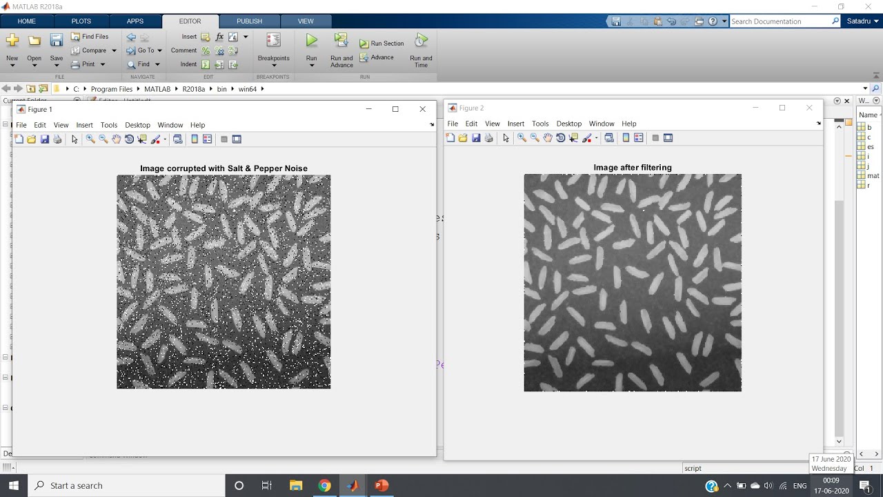 Implementation of Median Filter for removing Salt & Pepper Noise without built in function | MATLAB