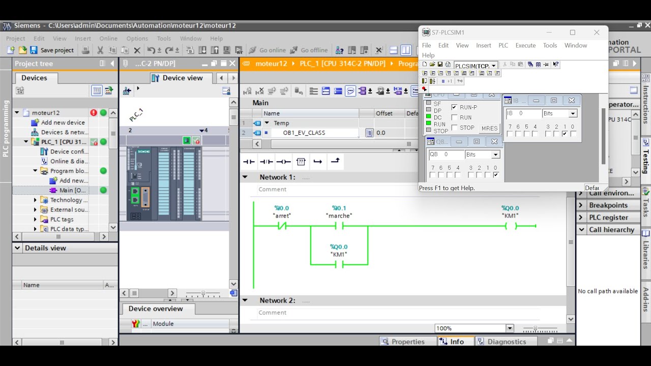 TIA PORTAL Simulation du démarrage direct d'un moteur ( Un seul sens de rotation)