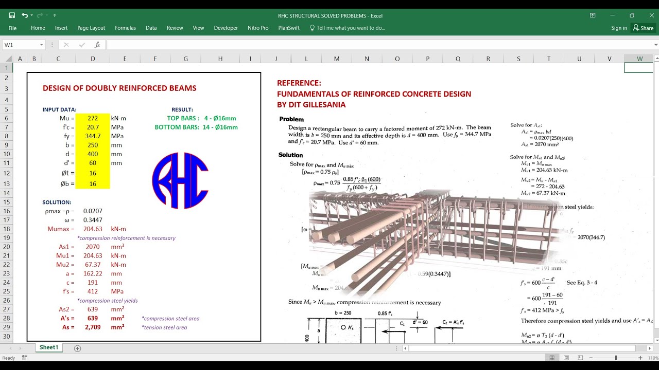 DESIGN OF DOUBLY REINFORCED CONCRETE BEAM - EXCEL