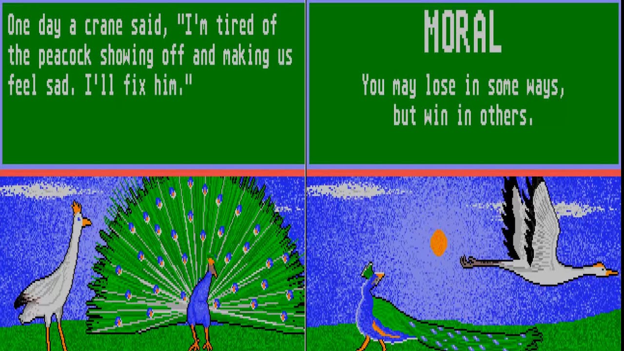 ATARI ST THE PEACOCK AND THE CRANE STORY Aesop's Fables Demas, William Hewitt, Joseph Unicorn Softwa