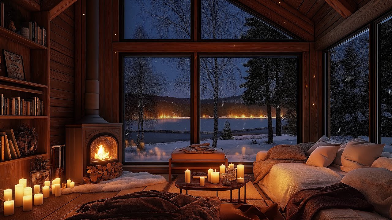 Snowy Lake Cabin Ambience | Crackling Fireplace & Howling Wind for Deep Sleep and Study