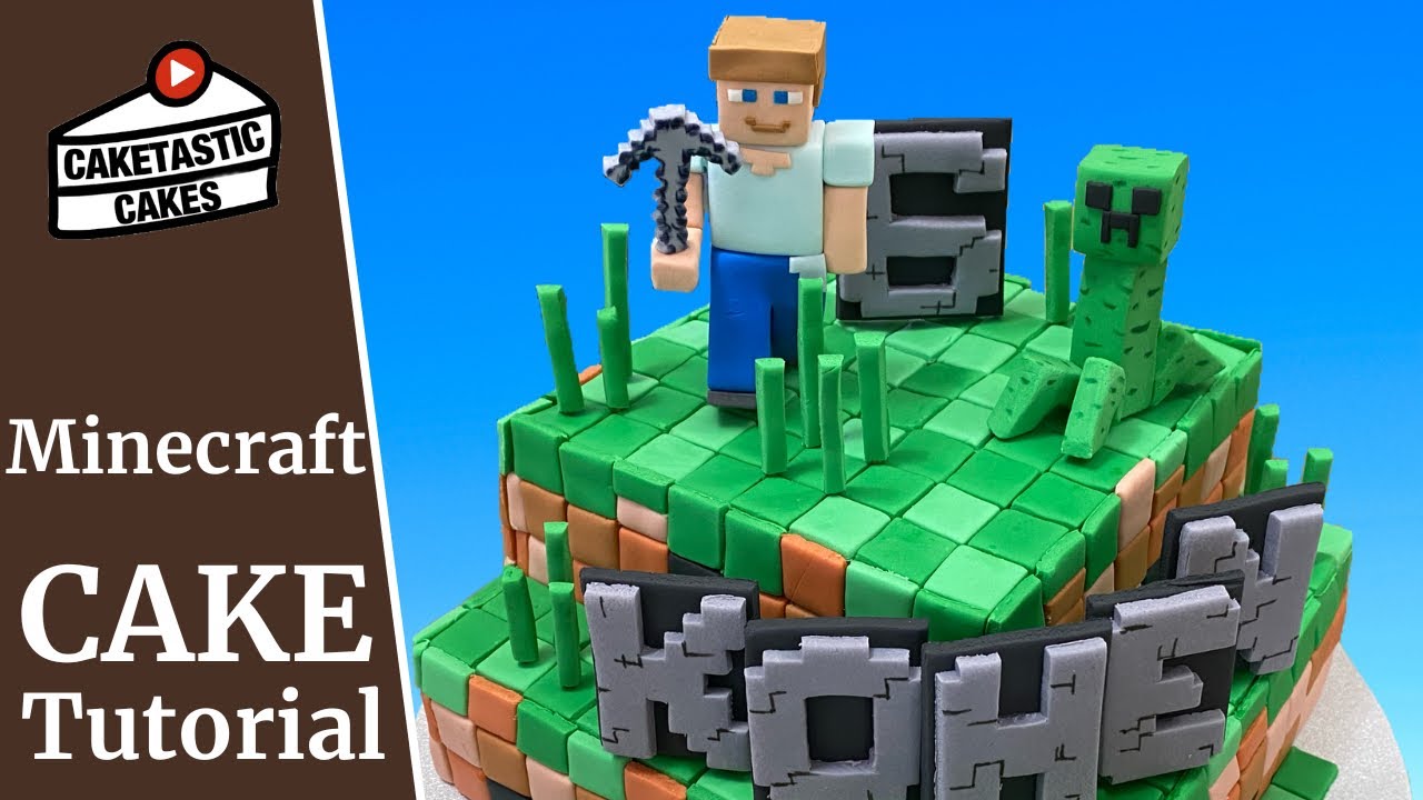 Урок по изготовлению торта Minecraft, включая фигурки Стива и Крипера из мастики и жевательной ре...