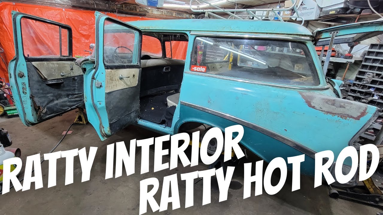 Ratty Interior In A 56 Chevy Long Roof - Featuring A NASTY HEADLINER aka The Mouse Penthouse