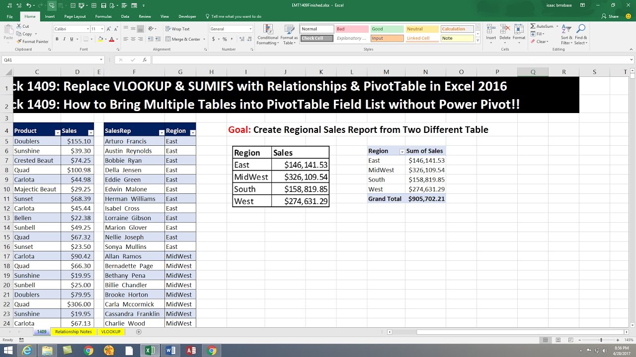 Excel Magic Trick 1409: Build PivotTable From 2 Tables without Power Pivot or VLOOKUP