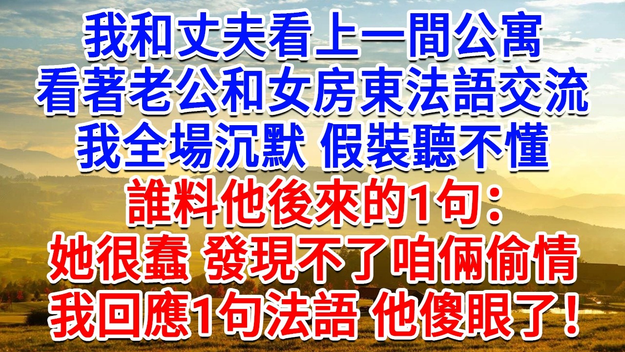 我和丈夫看上一間公寓，看著老公和女房東法語交流，我全場沉默假裝聽不懂，誰料他後來的1句法：她很蠢 發現不了咱倆偷情。我回應1句法語他傻眼了！#為人處世#生活經驗#情感故事#故事#小說#戀愛#情感#婚姻