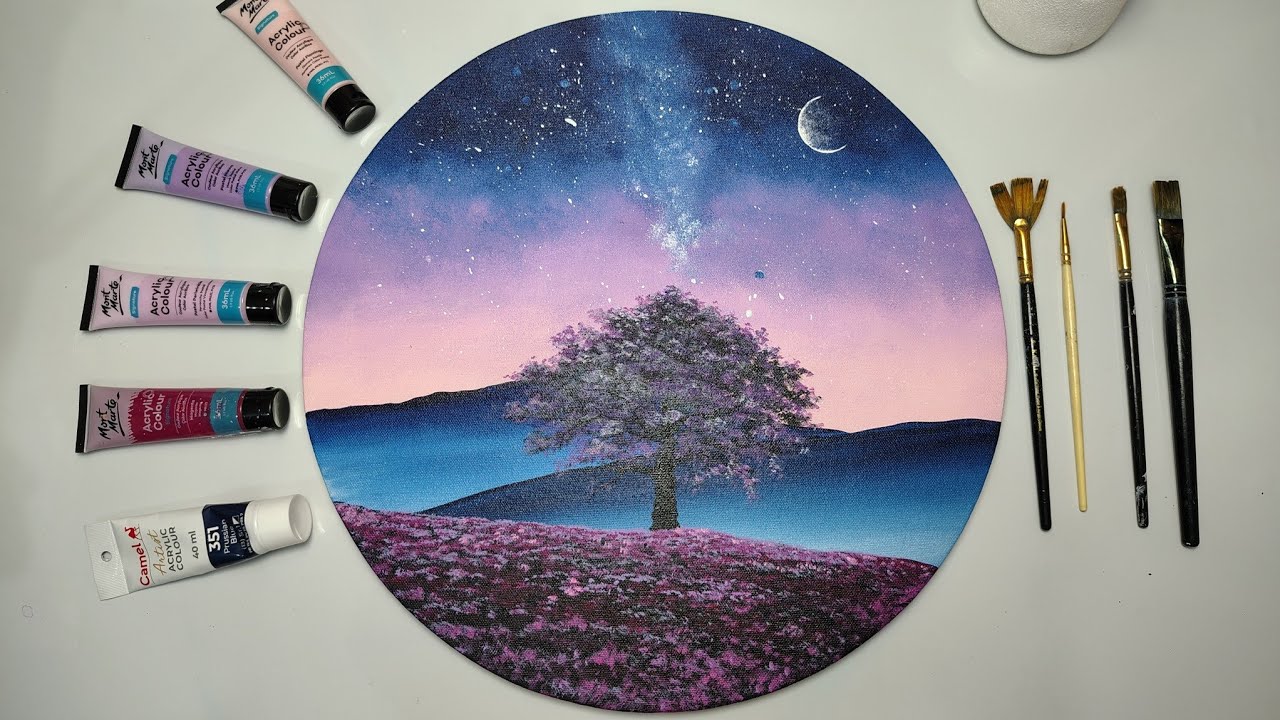 Easy way to paint peaceful midnight/canvas painting for beginners/galaxy painting ideas 