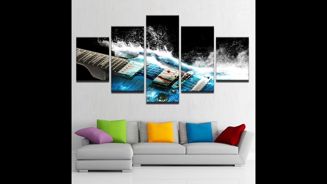 5 Pieces Abstract Blue Guitar Canvas Wall Art Pictures Home Decor Living Room Wall Decor With Frame