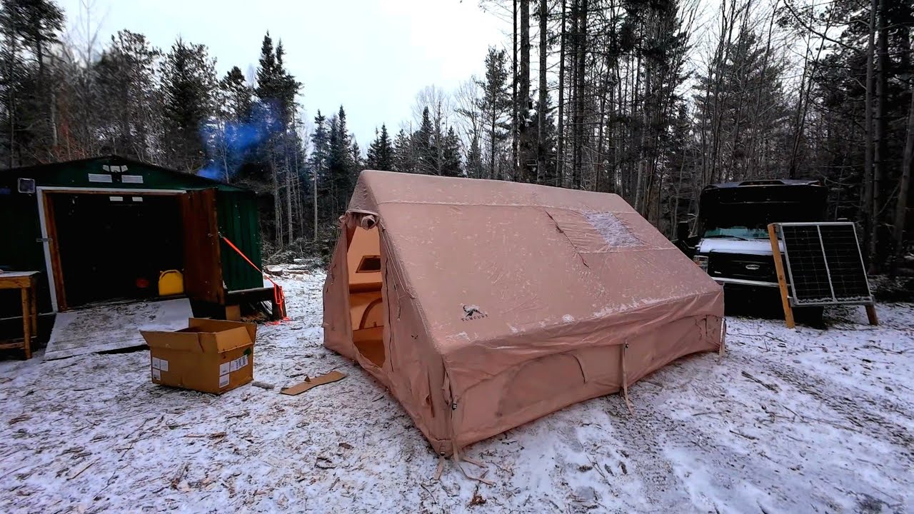 Off Grid Living in a Hot Tent During Winter with Snow and Rain