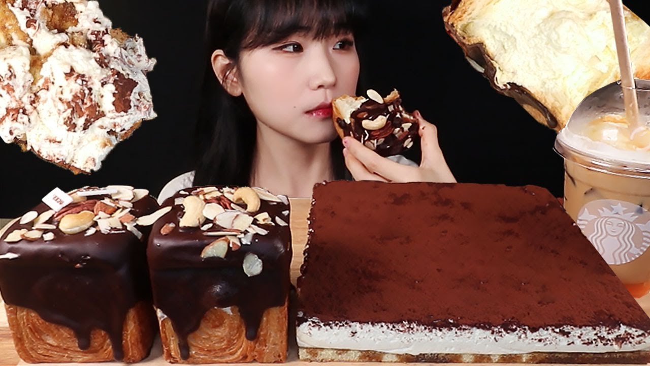 SUB)스타벅스 아!슈크림 큐브, 티라미수 먹방 STARBUCKS CHOCOLATE CREAM BREAD TIRAMISU MUKBANG チョコレートシュークリームパン、ティラミス