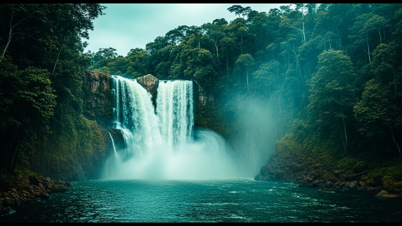 Gentle Night Waterfall Sounds Under Cosmic Sky to Sleep Faster 💫💤
