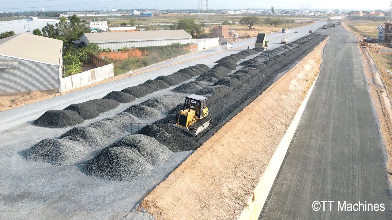 New Update Processing Building Foundation Ring Road By Komatsu Bulldozer Pushing Gravel With Trucks
