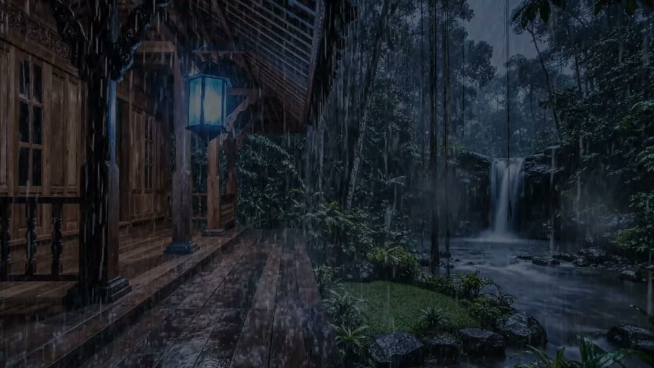 DEEP SLEEP GUARANTEED 🌙 Heavy Rain on a Jungle Cabin by a Waterfall