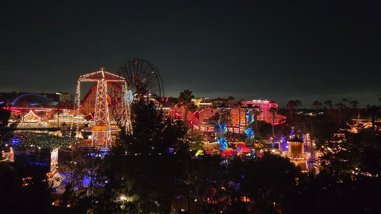 Watching shows being tested at California adventures from our hotel balcony.