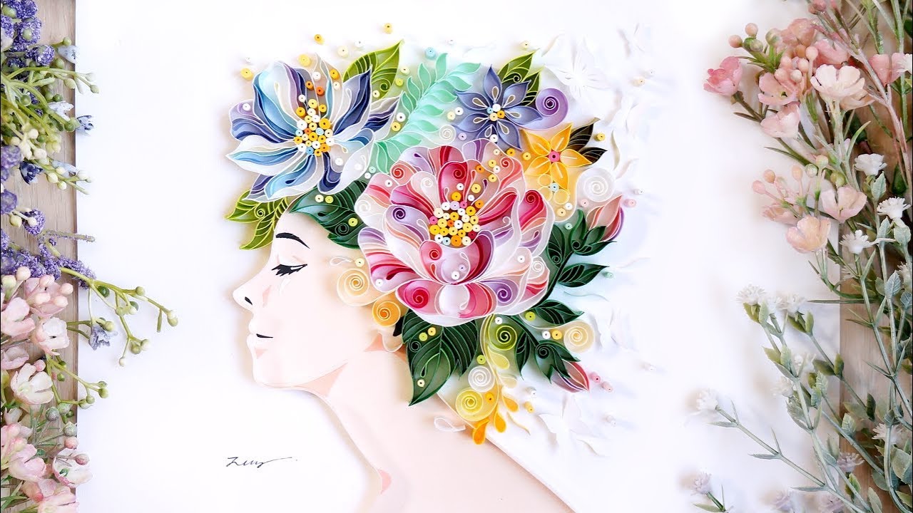 Spring Girl Quilling with Piano Jazz Music. Color Art. Quiling 春小女クイリング。봄소녀 페이퍼퀼링