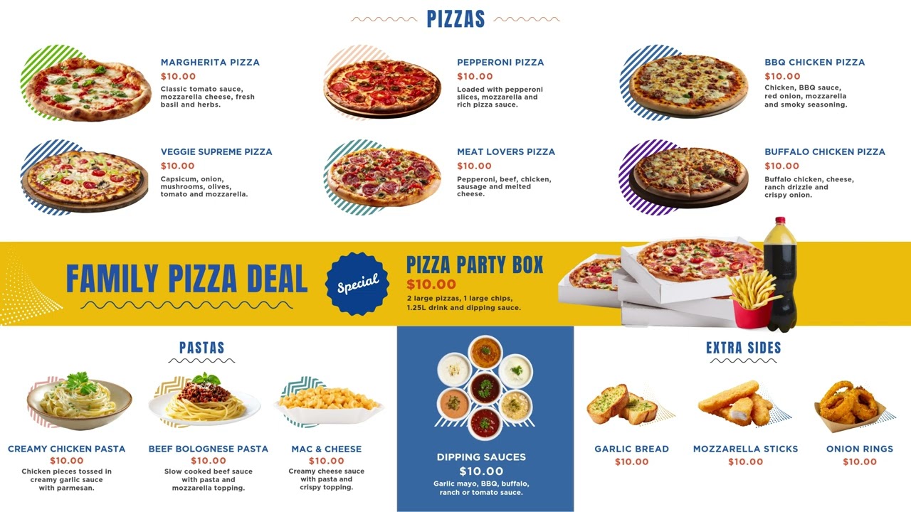 Digital Menu Board Template for Burger, Pizza & Fast Food Restaurants &ndash; Editable in Canva