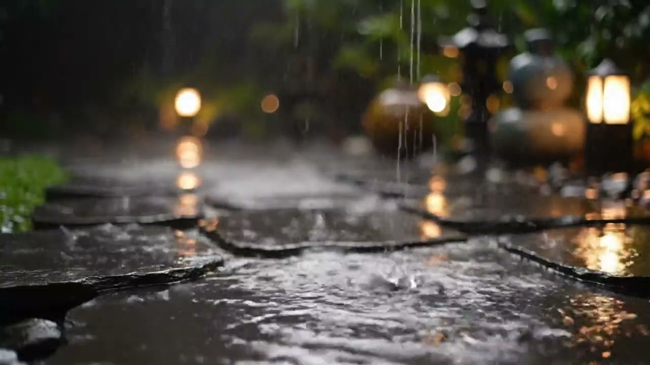 Rain on Stone Pathway at Night 🌧️ Cozy Lantern Ambience for Deep Sleep & Relaxation