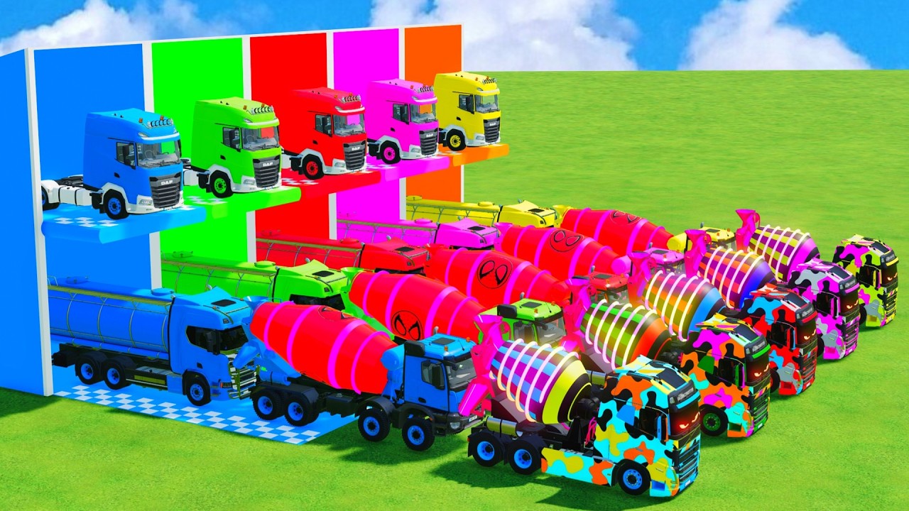 Garage with Colors - ALL MIXER TRUCK WITH DOUBLE FLATBED TRAILER TRUCK, KENWORTH, PETERBILT, VOLVO