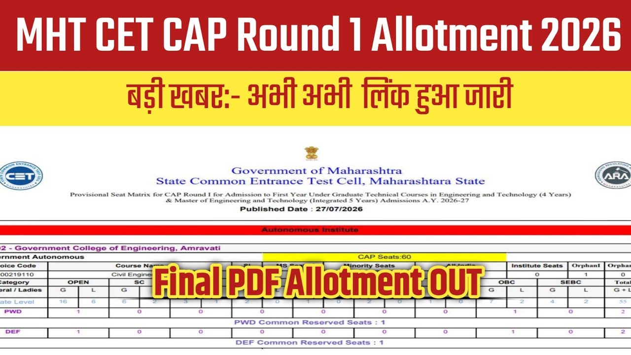 MHT CAP Round 1 Allotment 2026 OUT 🔴 MHT CET CAP Round 1 Allotment 2026 ? MHT CET CAP Round 1 Result
