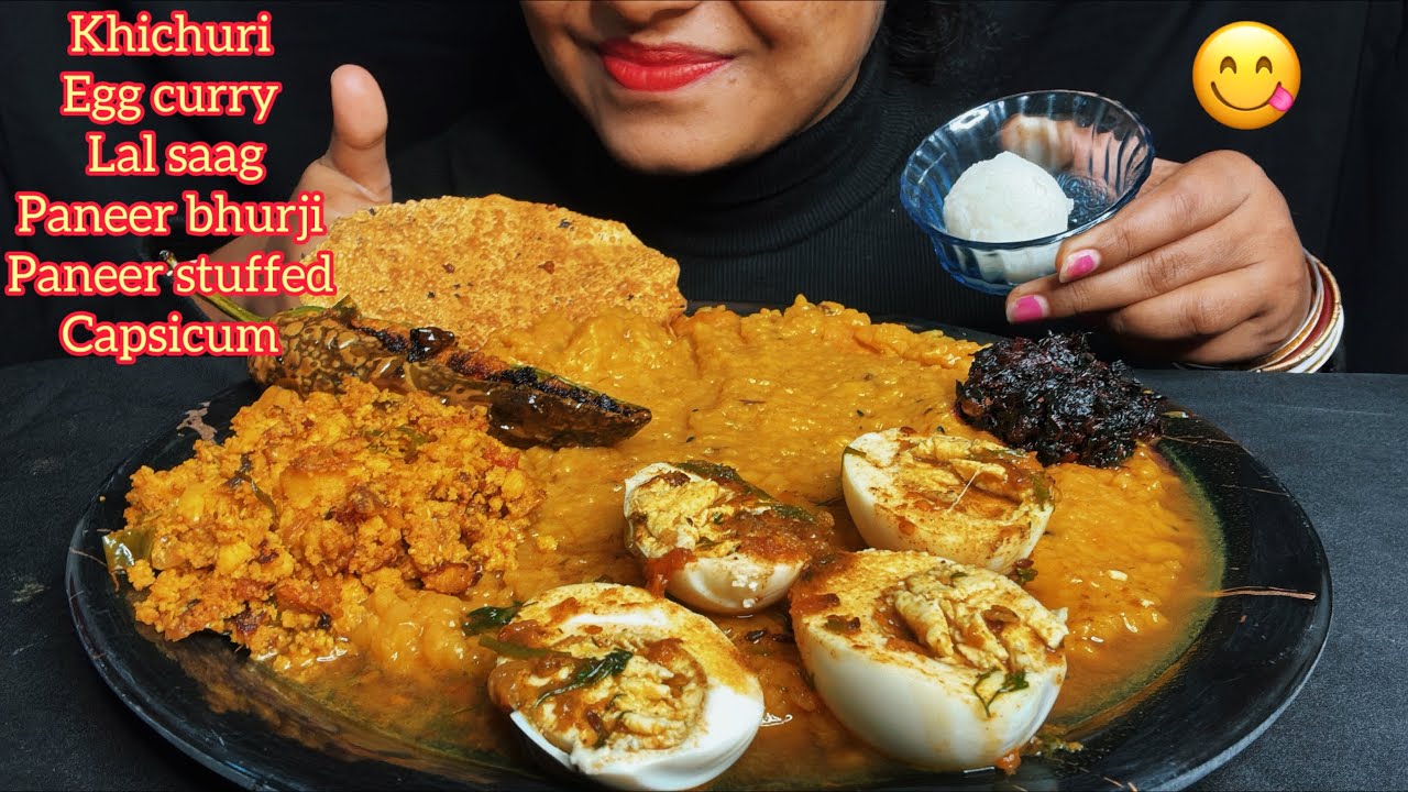 Comfort Food Mukbang | Khichuri with Spicy Egg Curry, Paneer Bhurji & Stuffed Capsicum 😋